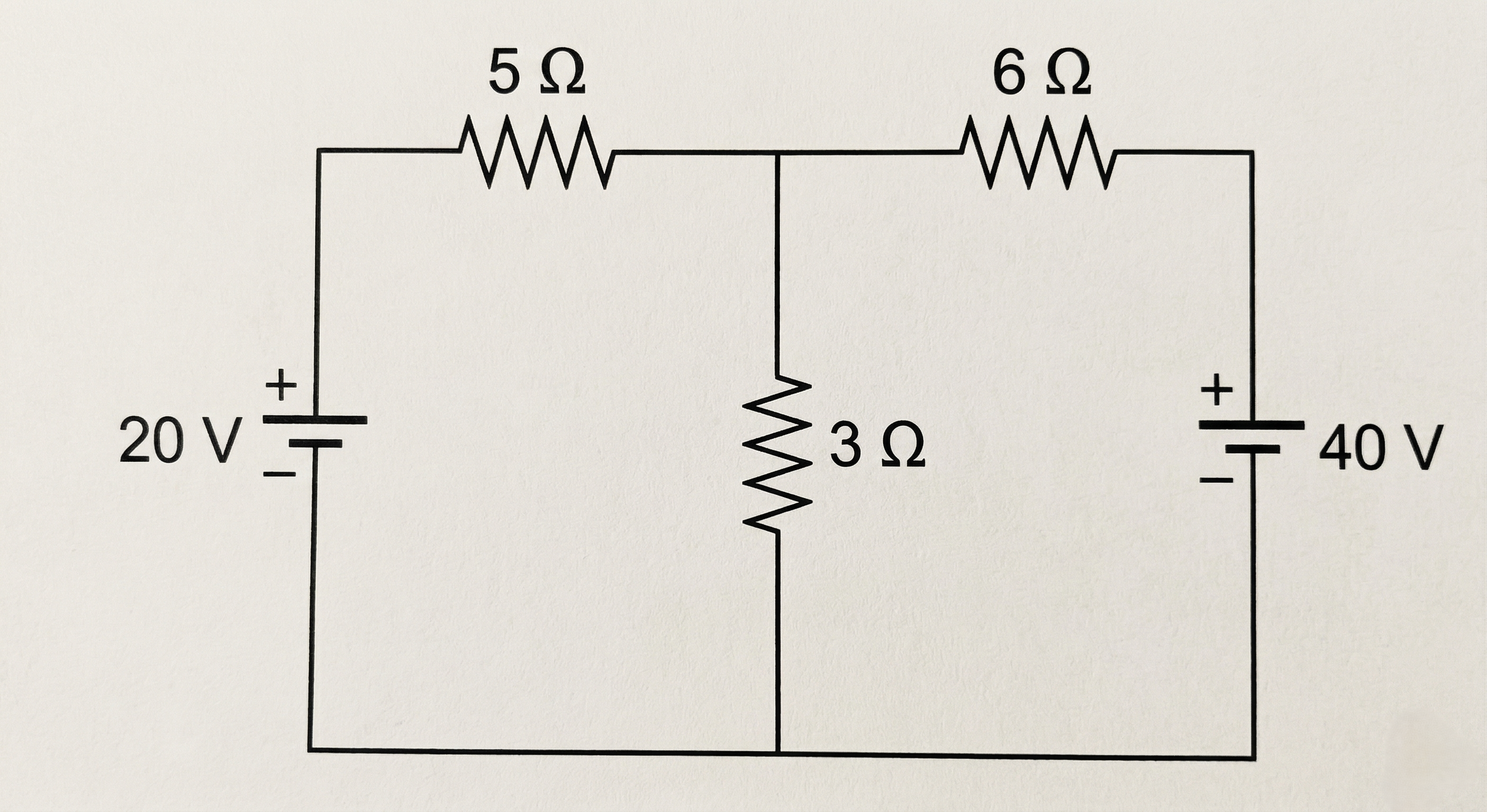 A circuit diagram consisting of two adjacent rectangular loops sharing a common middle vertical branch. The left vertical branch has a 20V DC voltage source with the positive terminal at the top. The top horizontal branch of the left loop contains a 5 Ω resistor. The shared middle vertical branch contains a 3 Ω resistor. The right vertical branch contains a 40V DC voltage source with the positive terminal at the bottom and negative terminal at the top. The bottom horizontal branch of the right loop contains a 6 Ω resistor. The top branch of the right loop and bottom branch of the left loop are plain wires.